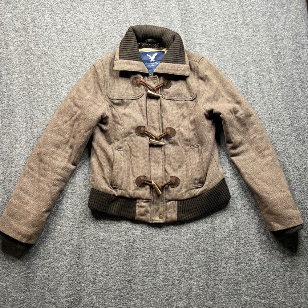 American Eagle Jacket Womens Medium Brown Herringbone Wool Blend Toggle Bomber